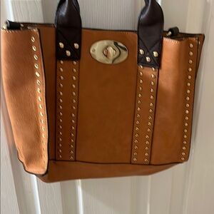 Tan and Black Studded Tote Bag with Gold Accents